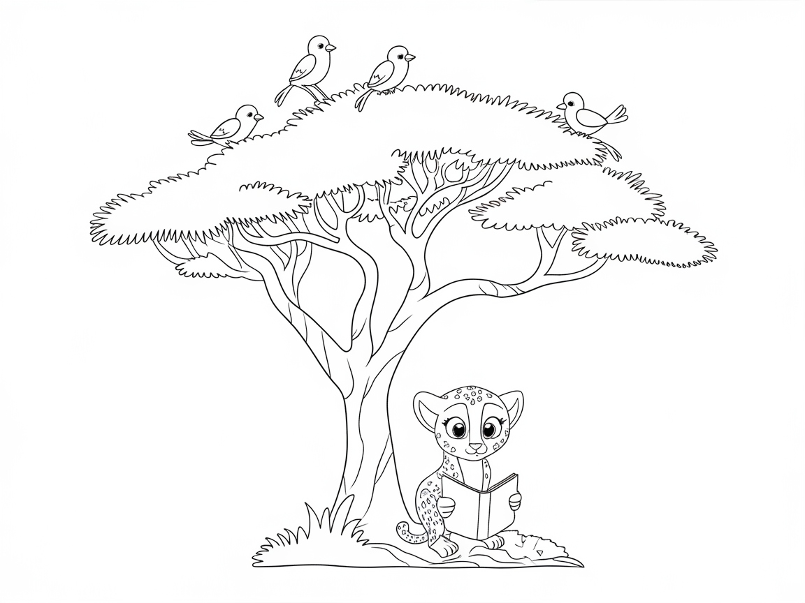 Reading Cheetah Cub Under the Acacia Tree