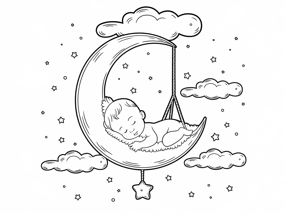 Adorable Baby on the Moon Coloring Page