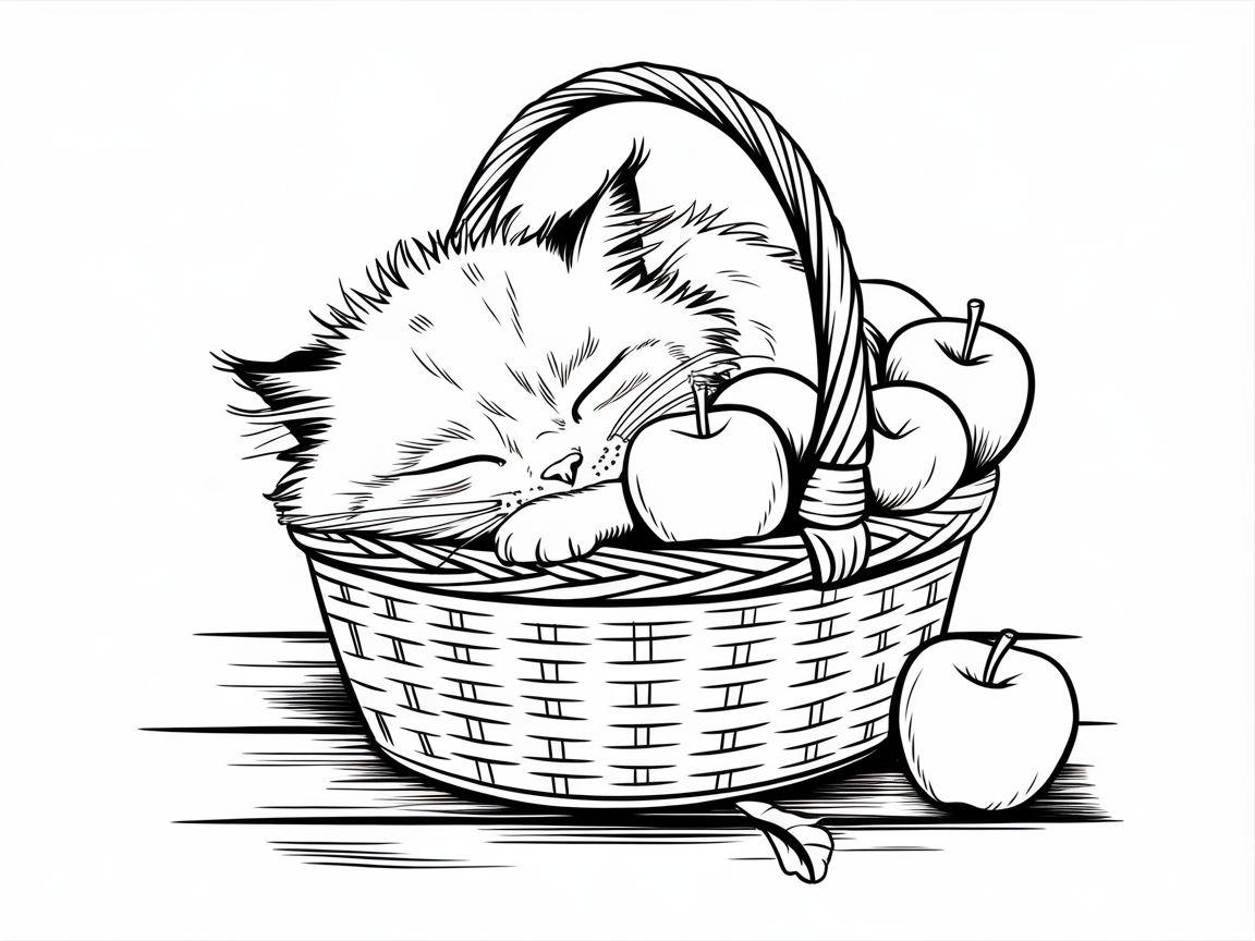 Cozy Kitten Nestled Among Apples in a Basket
