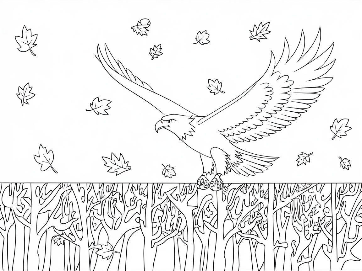 Bald Eagle Gliding Over Autumn Forest