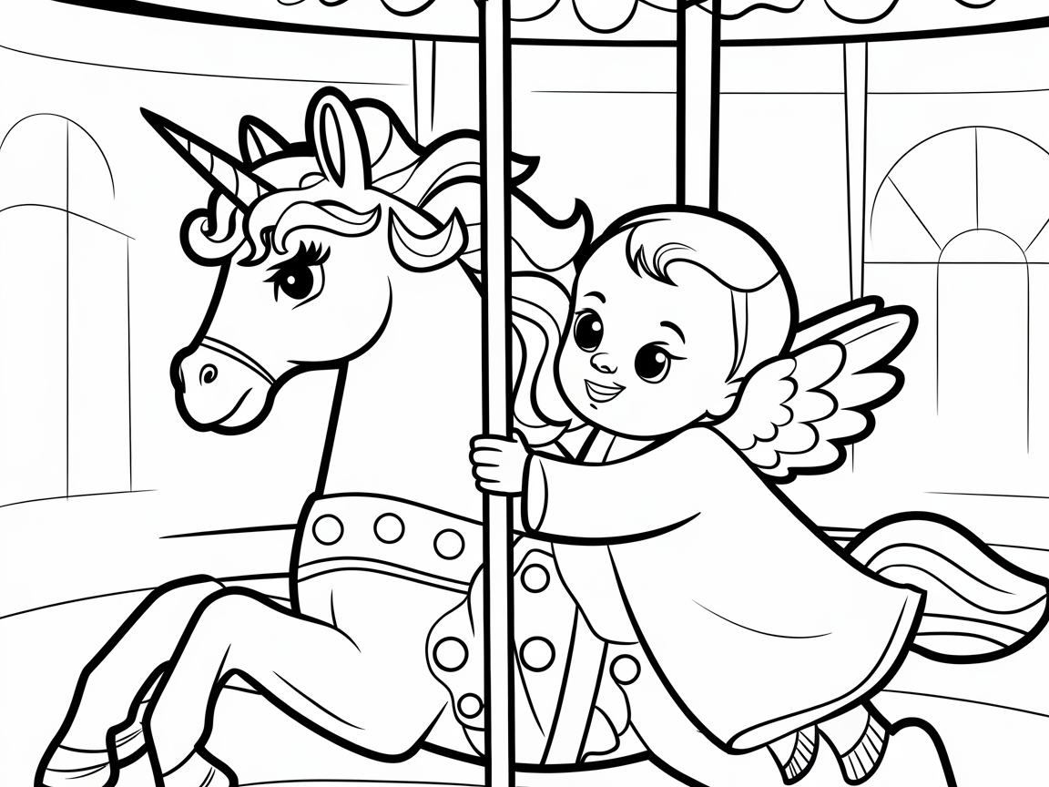 Whimsical Angel Baby on a Carousel Unicorn