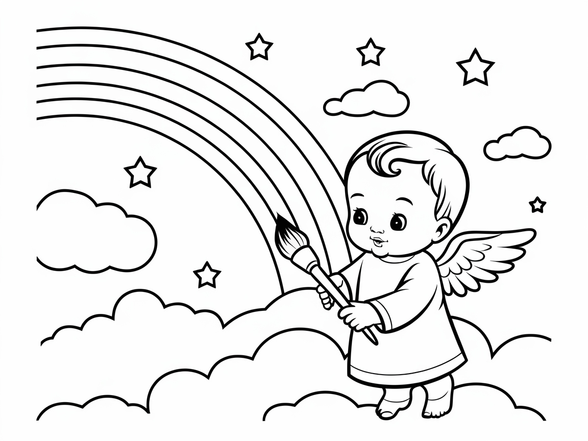 Charming Angel Baby Painting a Rainbow