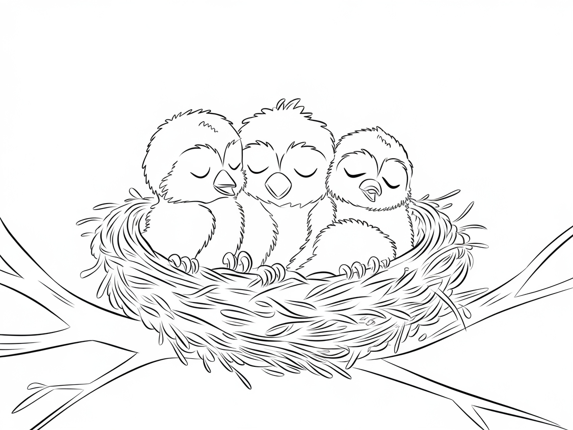 Snuggly Trio of Sleeping Chicks in a Nest