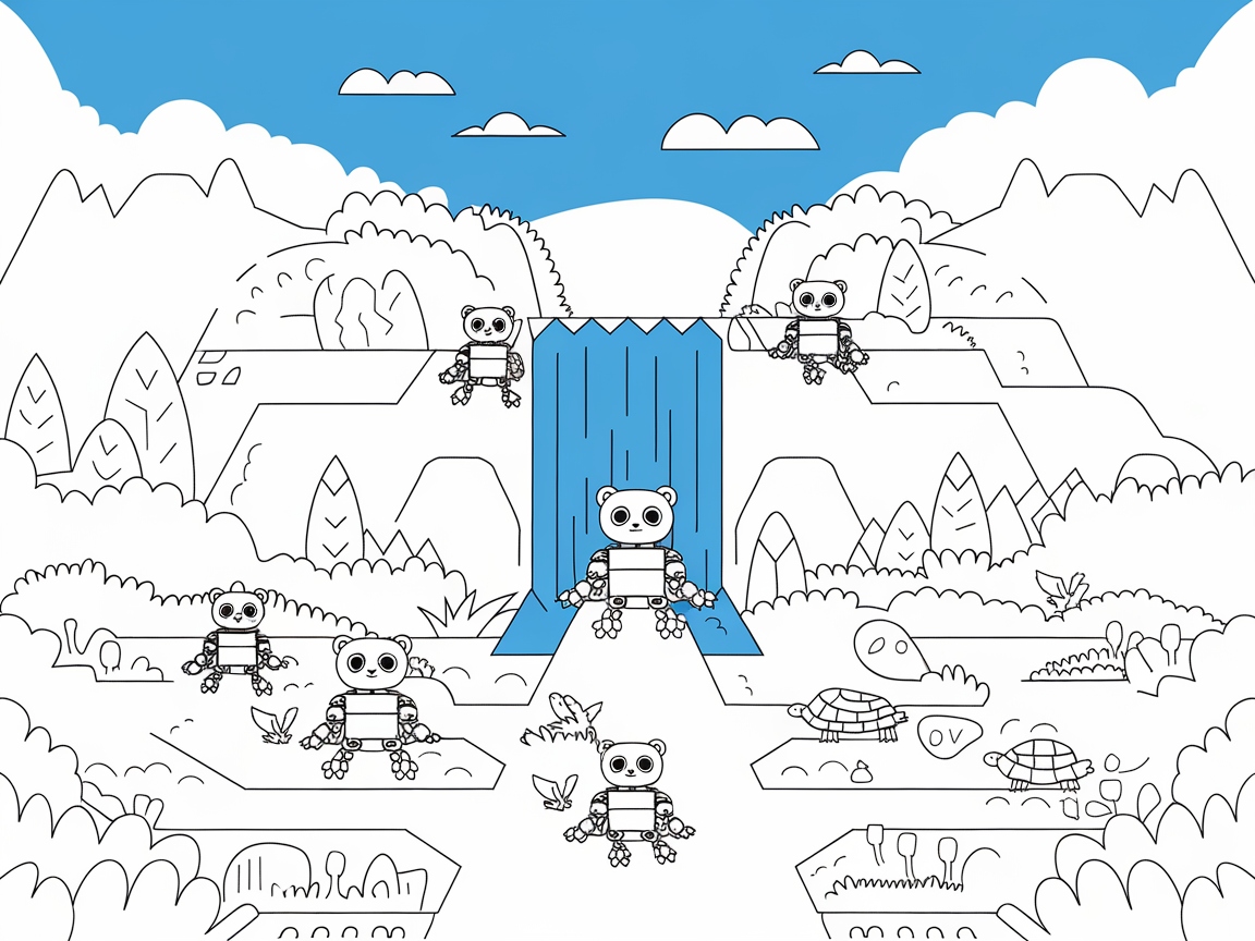 Explore the Whimsical Robot Waterfall Retreat