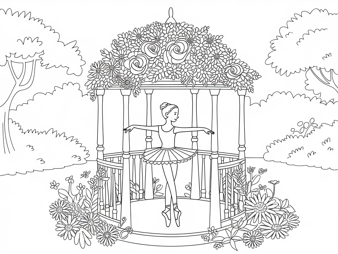 Grace and Bloom: Ballerina in a Floral Gazebo