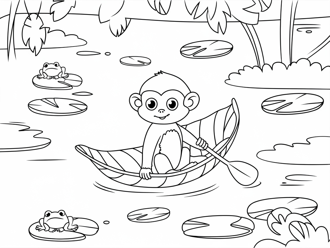 Adventurous Monkey Paddling on a Leaf Boat