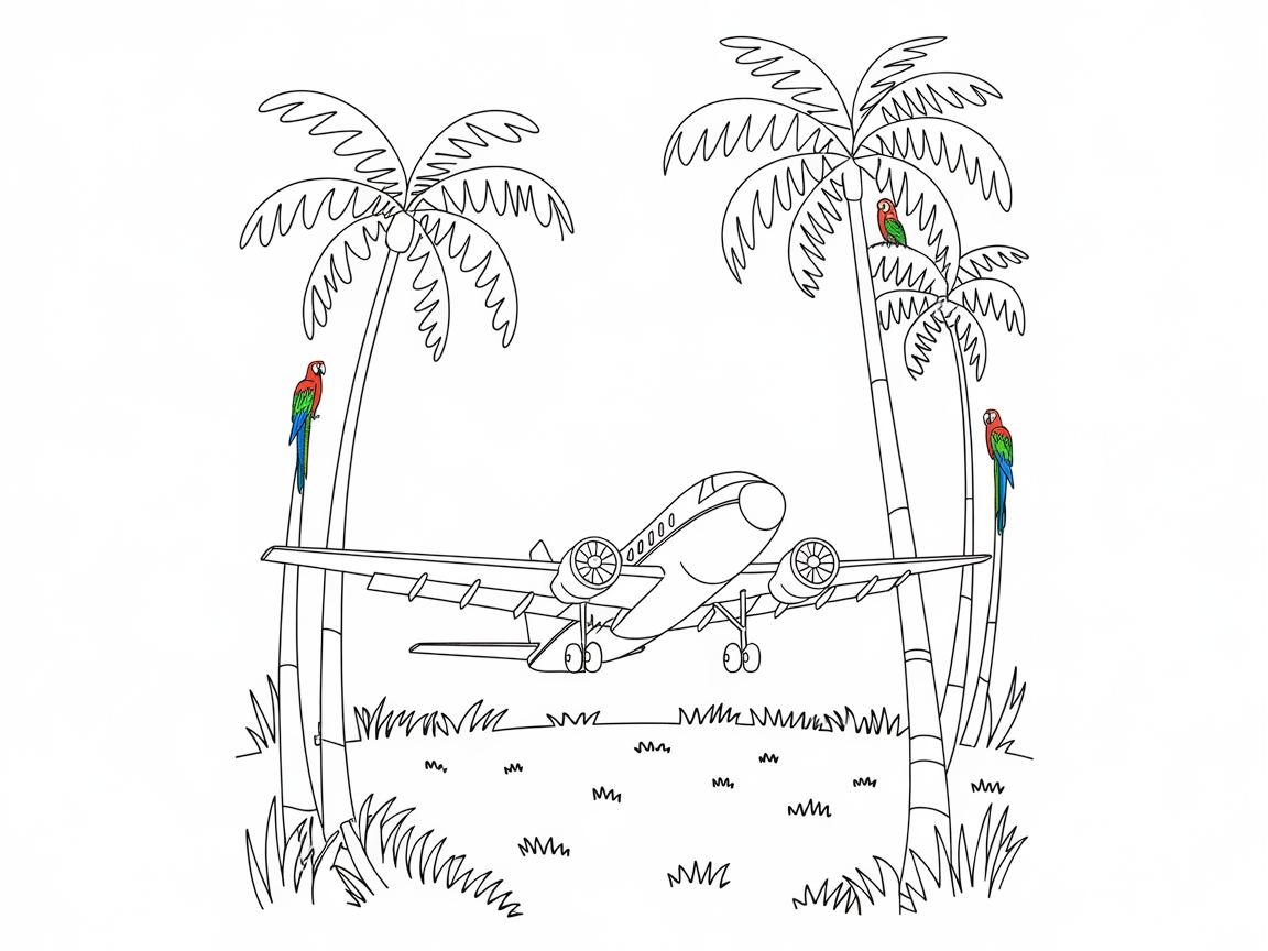 Island Getaway with This Airplane and Parrots Coloring Page
