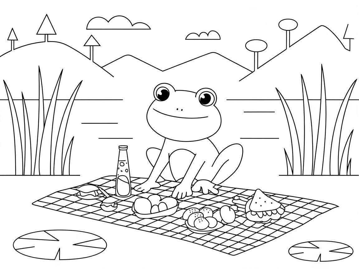 Frog Picnic by the Lake Coloring Page