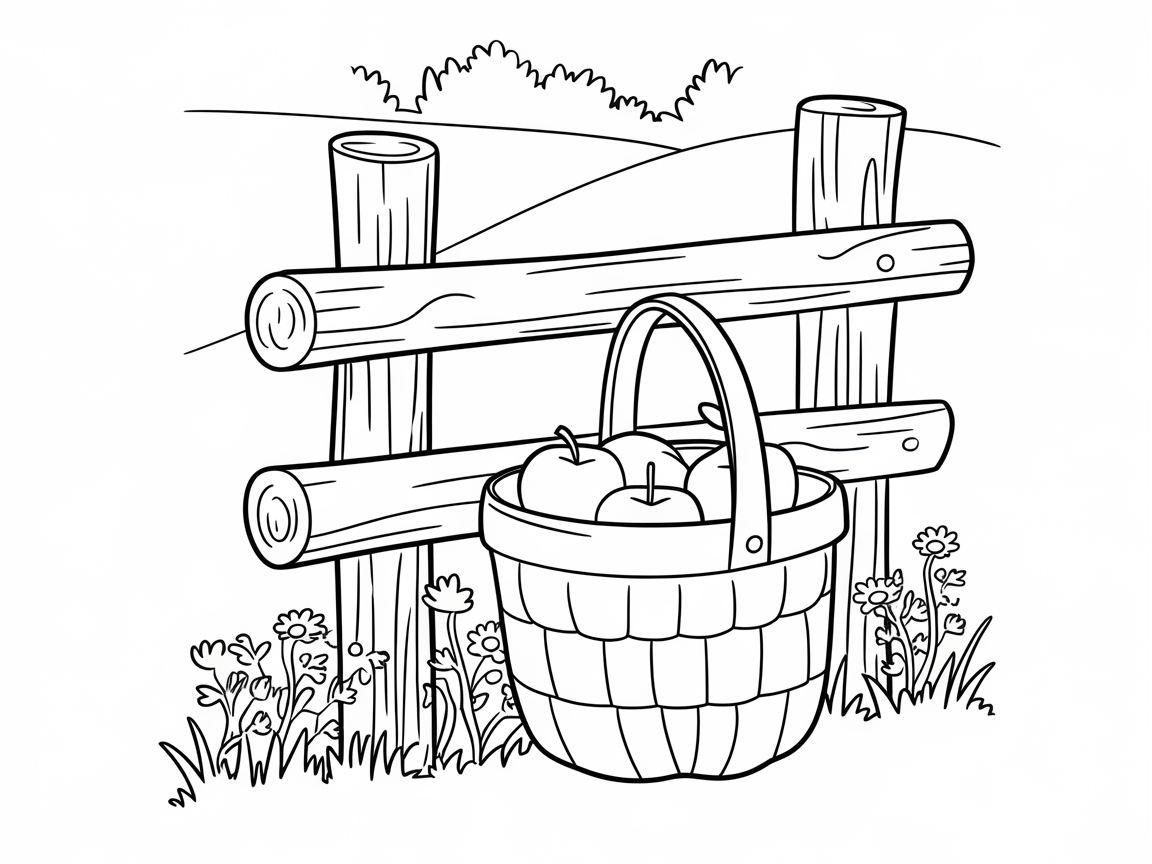 Color This Classic Apple Basket by the Wooden Fence