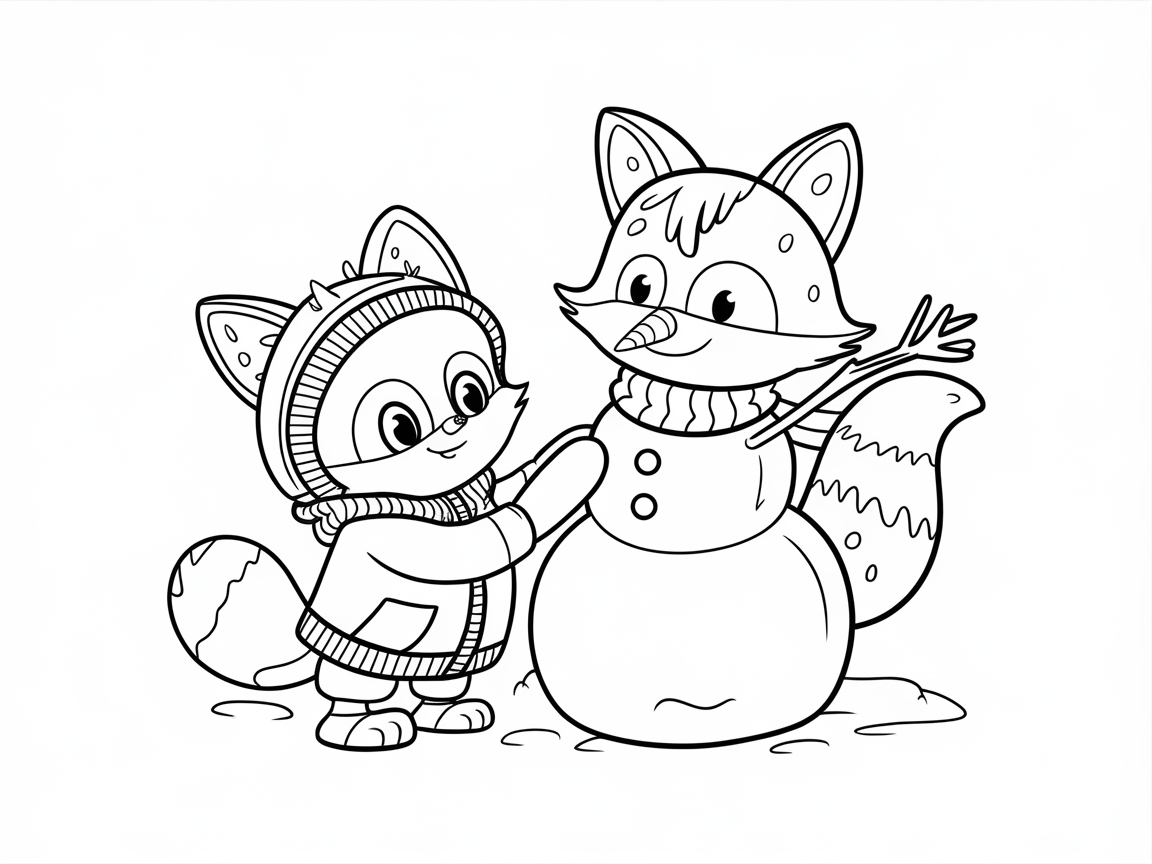 Adorable Fox Building a Snowman Adventure