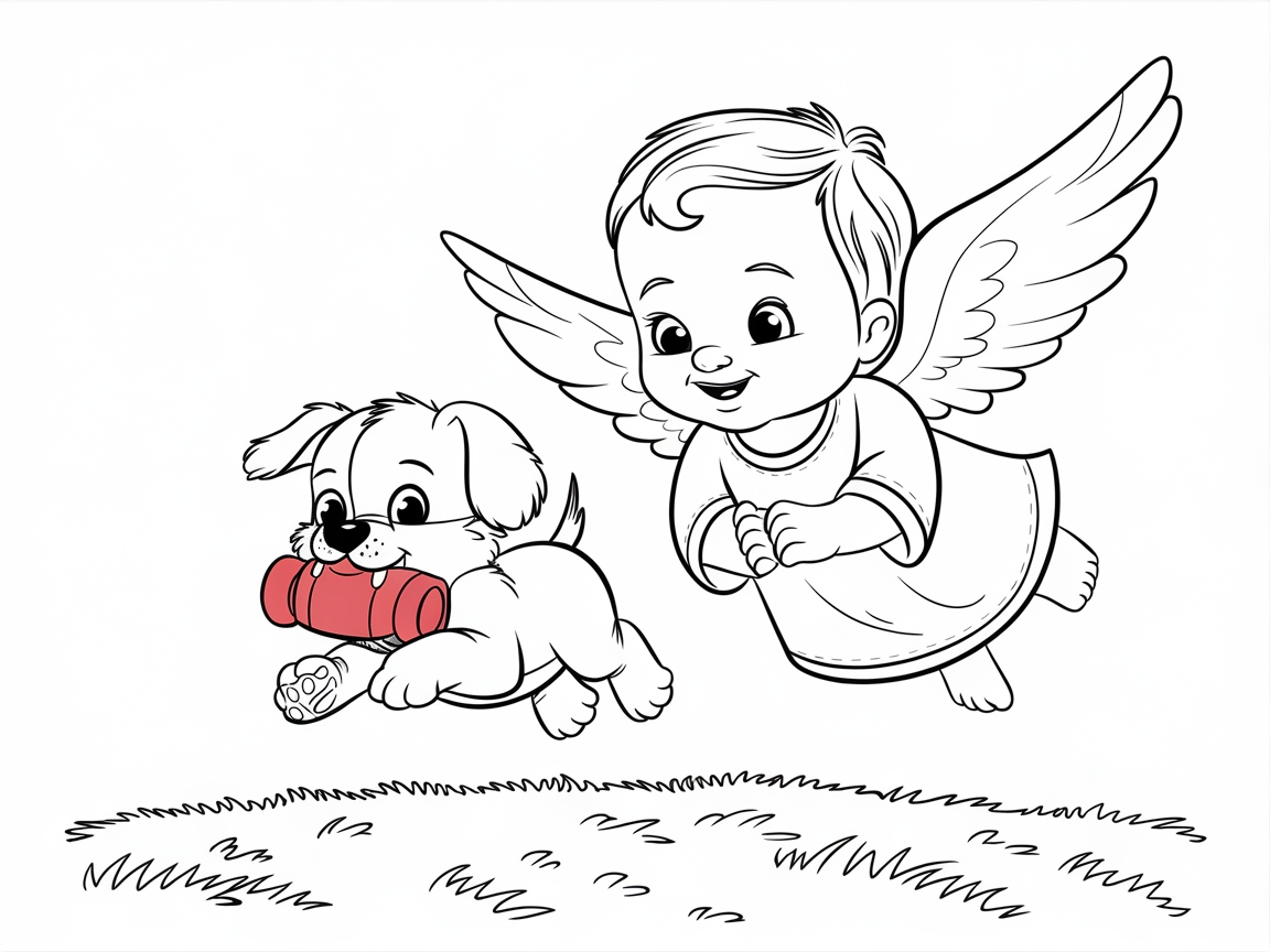Playful Baby Angel Chasing a Puppy
