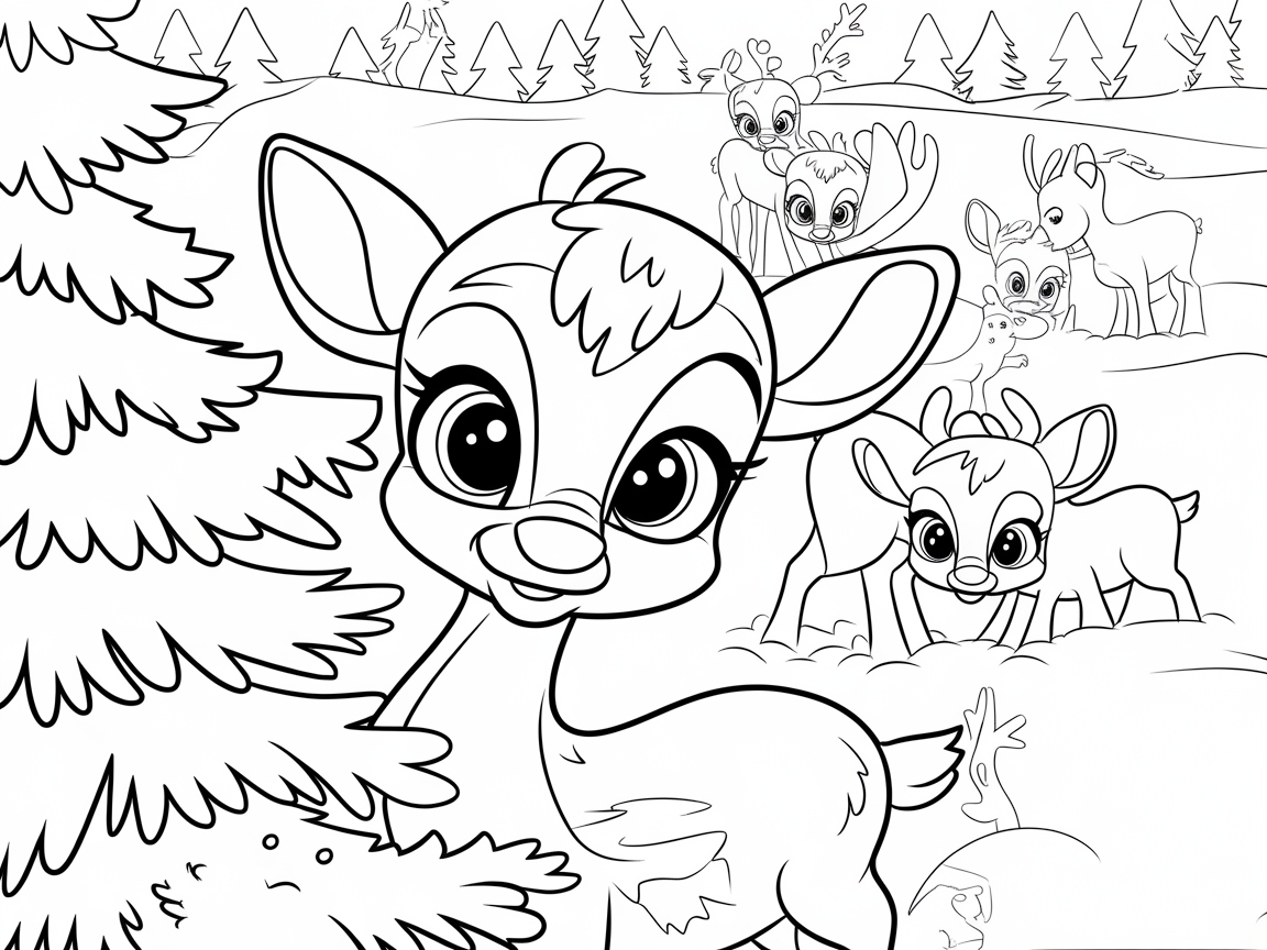 Charming Baby Reindeer Gathering in a Snowy Forest