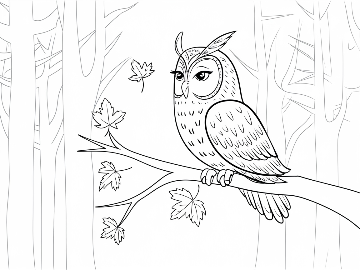 Majestic Owl in Autumn Woods Coloring Page