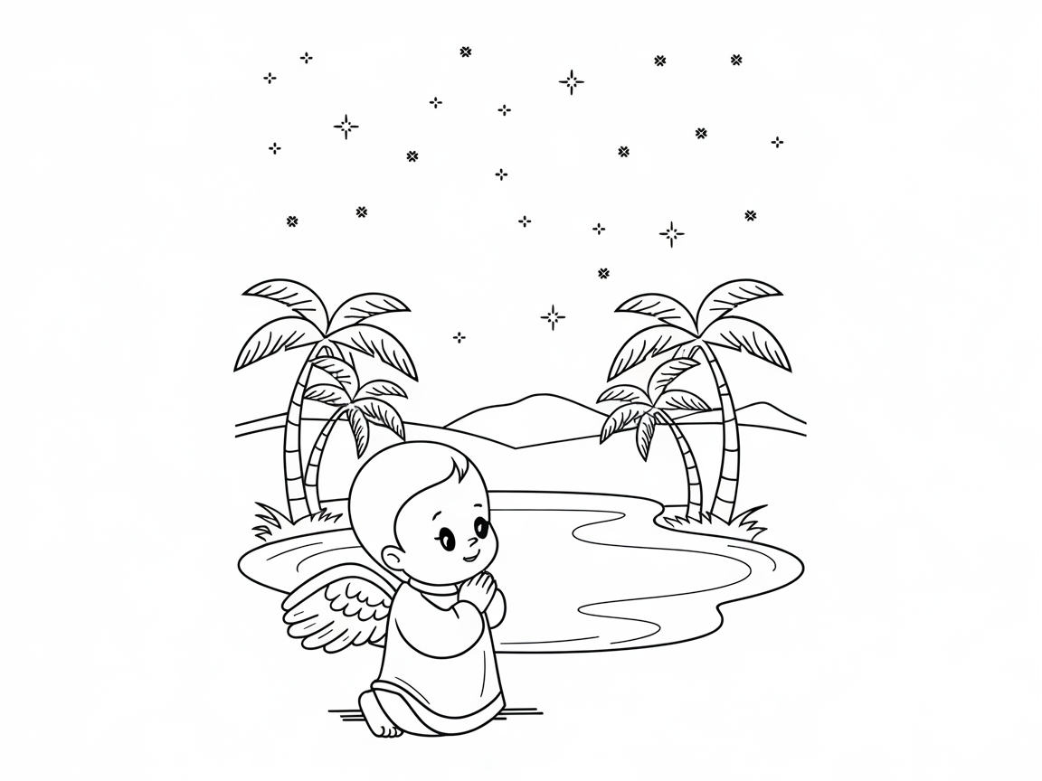 Sweet Baby Angel by a Tropical Beach Coloring Page