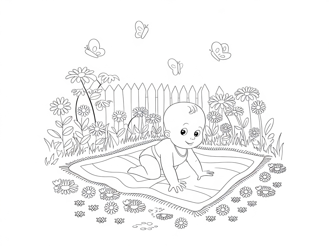 Sunny Garden Playtime: Baby and Butterflies Coloring Page