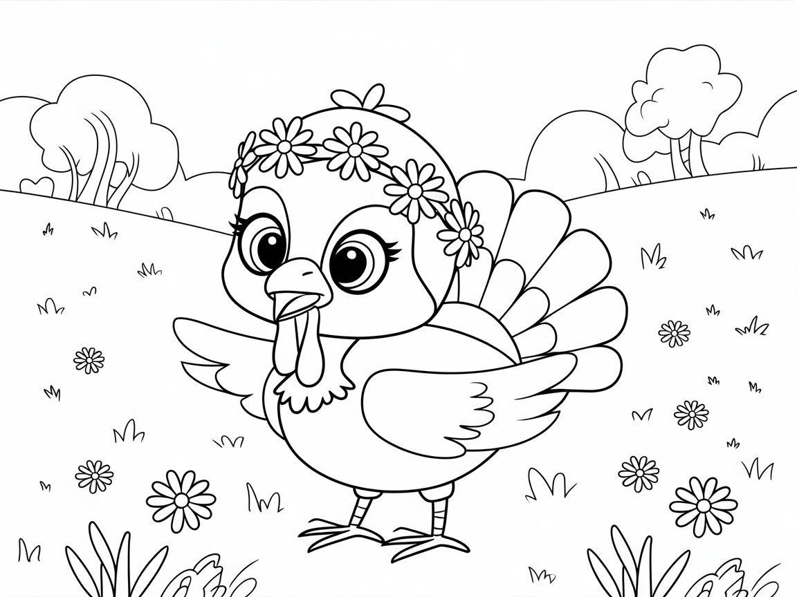 Color This Adorable Turkey in a Flower Crown