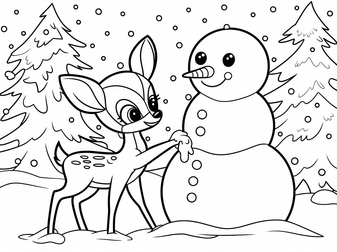 Winter Wonderland with a Playful Fawn and Snowman