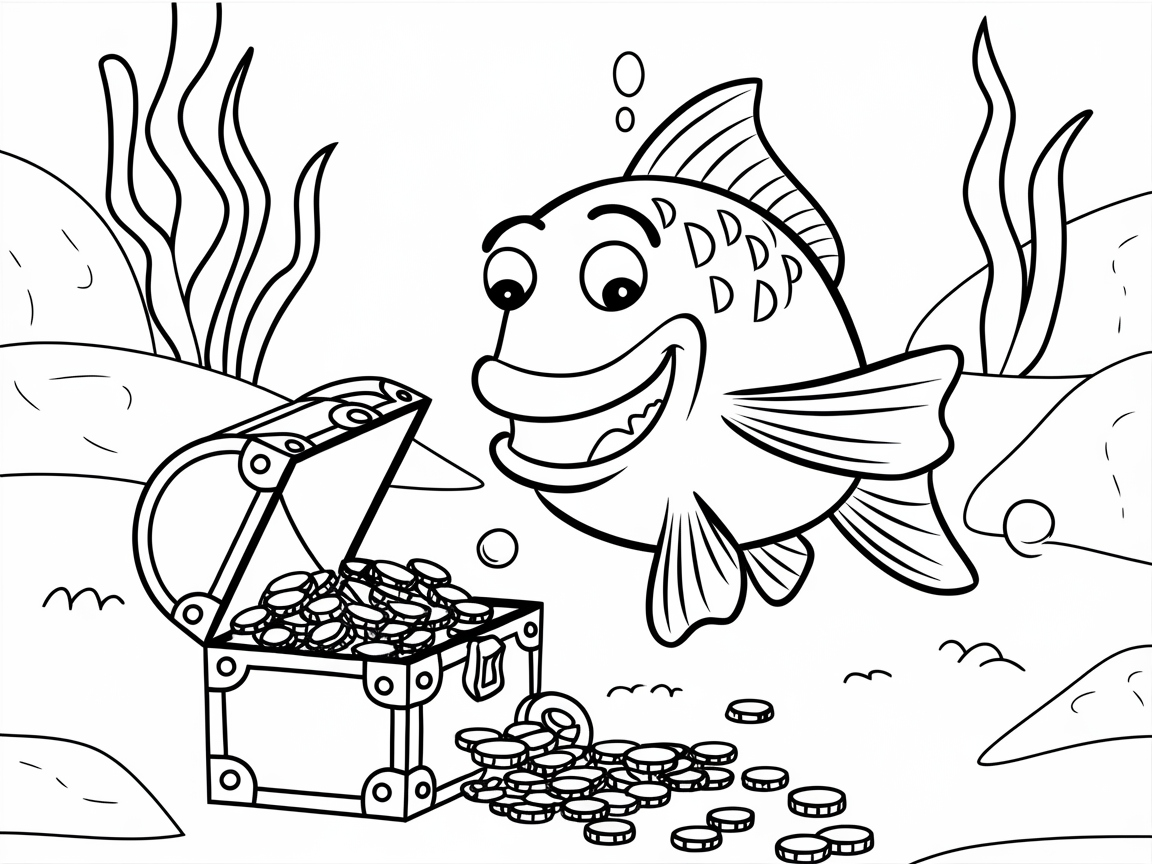 Uncover Treasure with This Happy Fish and Chest Coloring Page