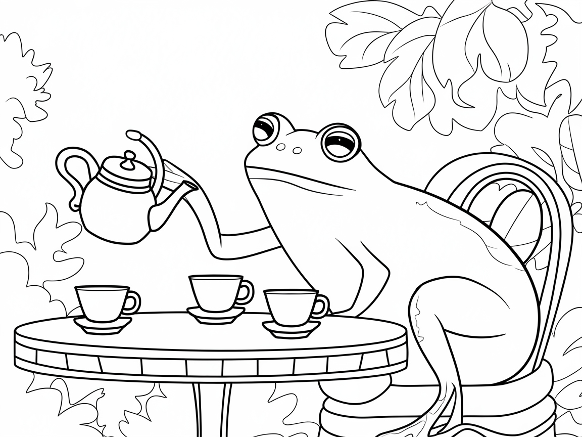 Quirky Frog Tea Party Coloring Page