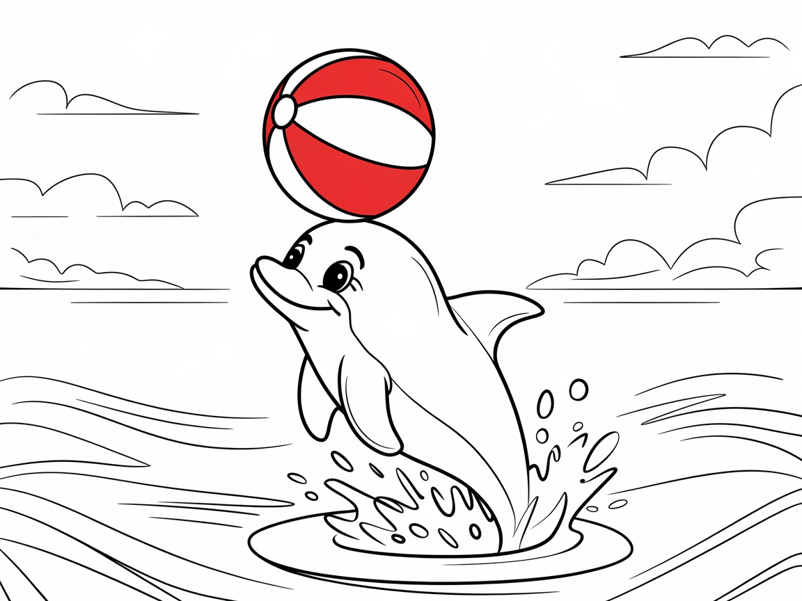 Catch the Wave with This Playful Dolphin and Beach Ball Coloring Page