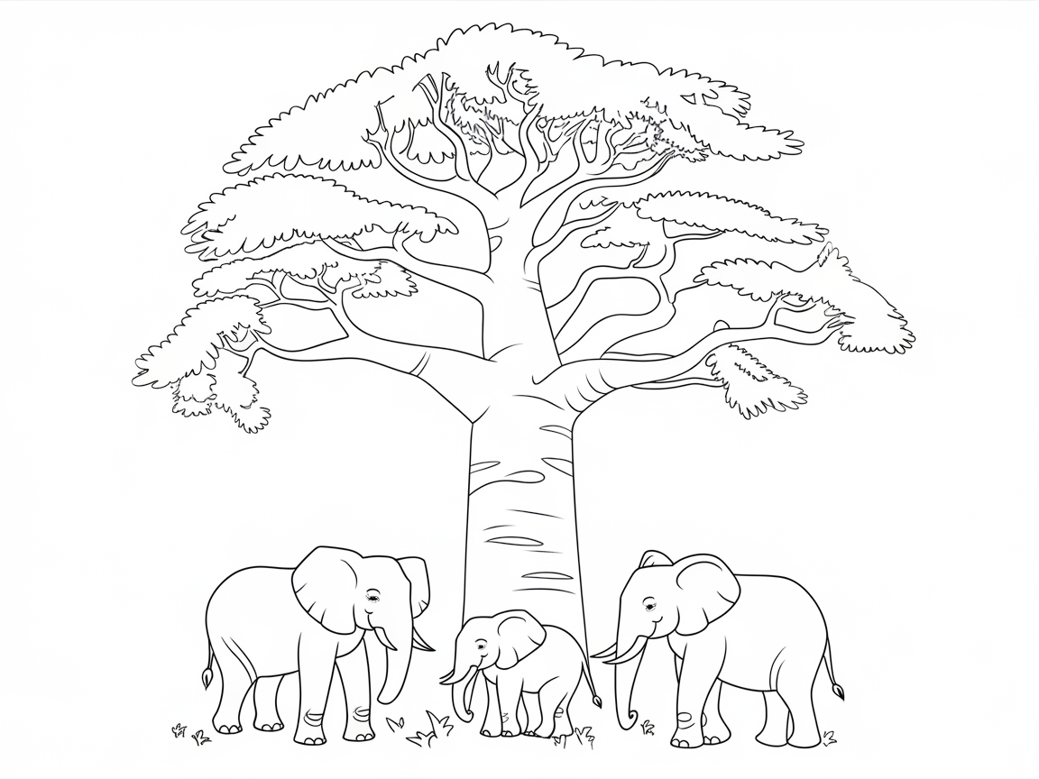 Family of Elephants Under the Majestic Baobab