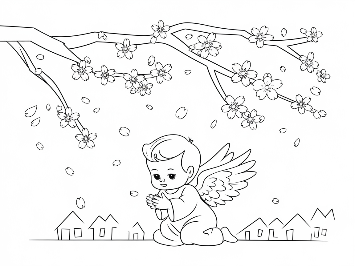 Gentle Baby Angel Under Cherry Blossoms Coloring Page