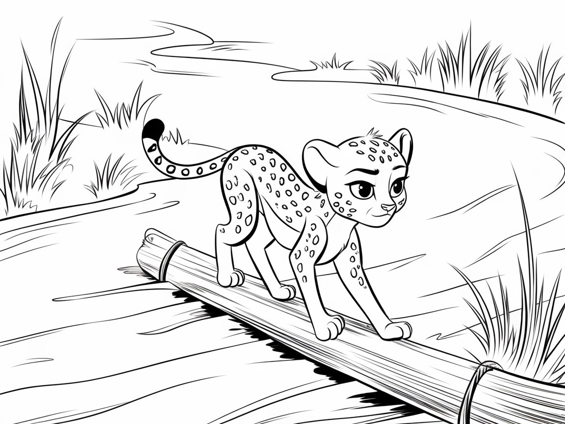 Cautious Cheetah Cub Crossing a Stream