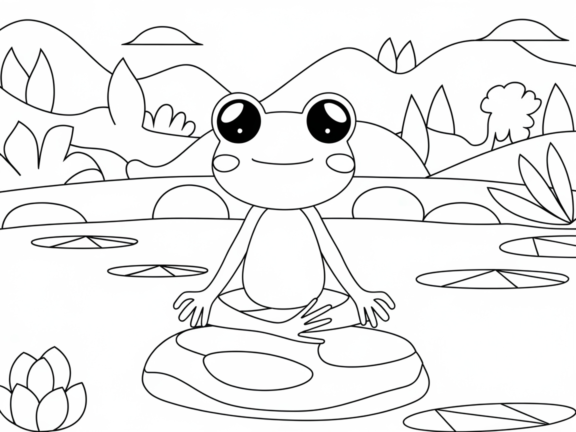 Peaceful Frog in a Pond Coloring Page