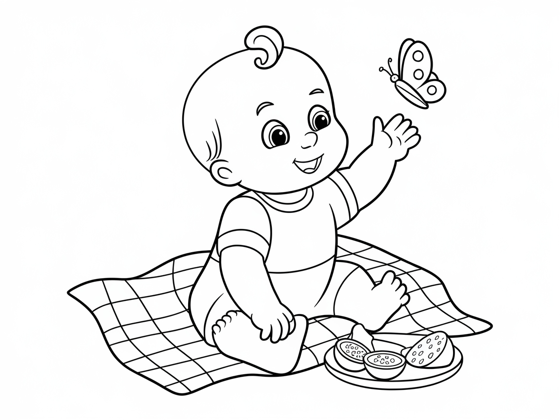 Picnic Adventure: Baby and Butterfly Coloring Page