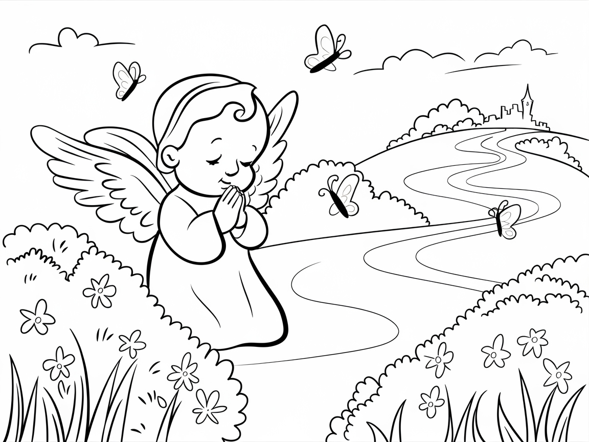 Enchanting Baby Angel with a Castle View Coloring Page