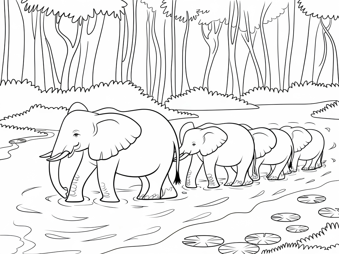 Family of Elephants Marching Through the Jungle