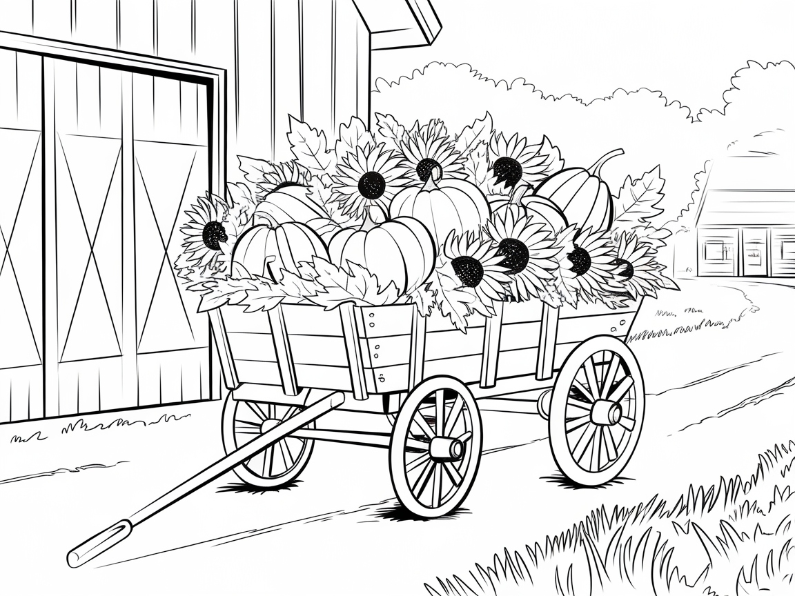 Harvest Cart with Pumpkins and Sunflowers Coloring Page