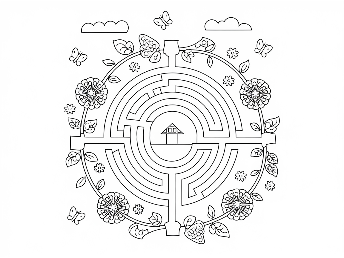 Tranquil Maze with Whimsical Butterflies and Blooms
