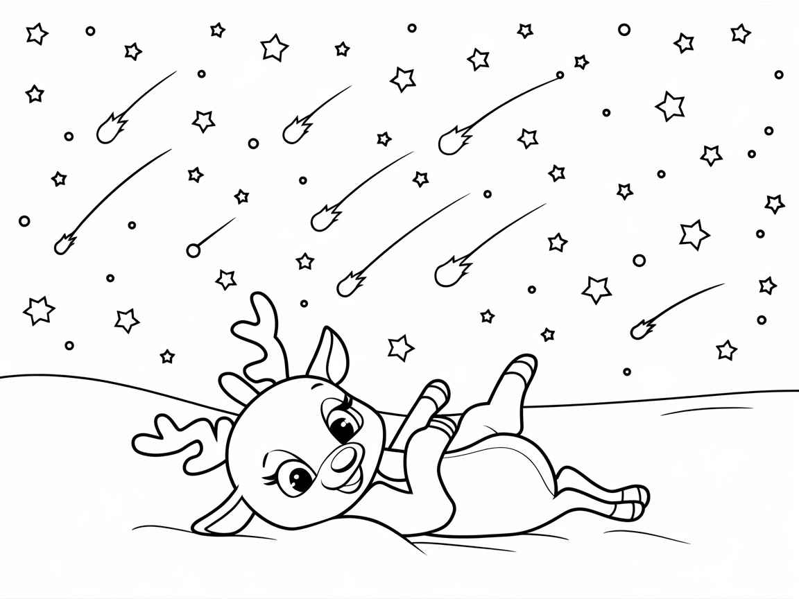 Starry Slumber: Baby Reindeer Under a Meteor Shower