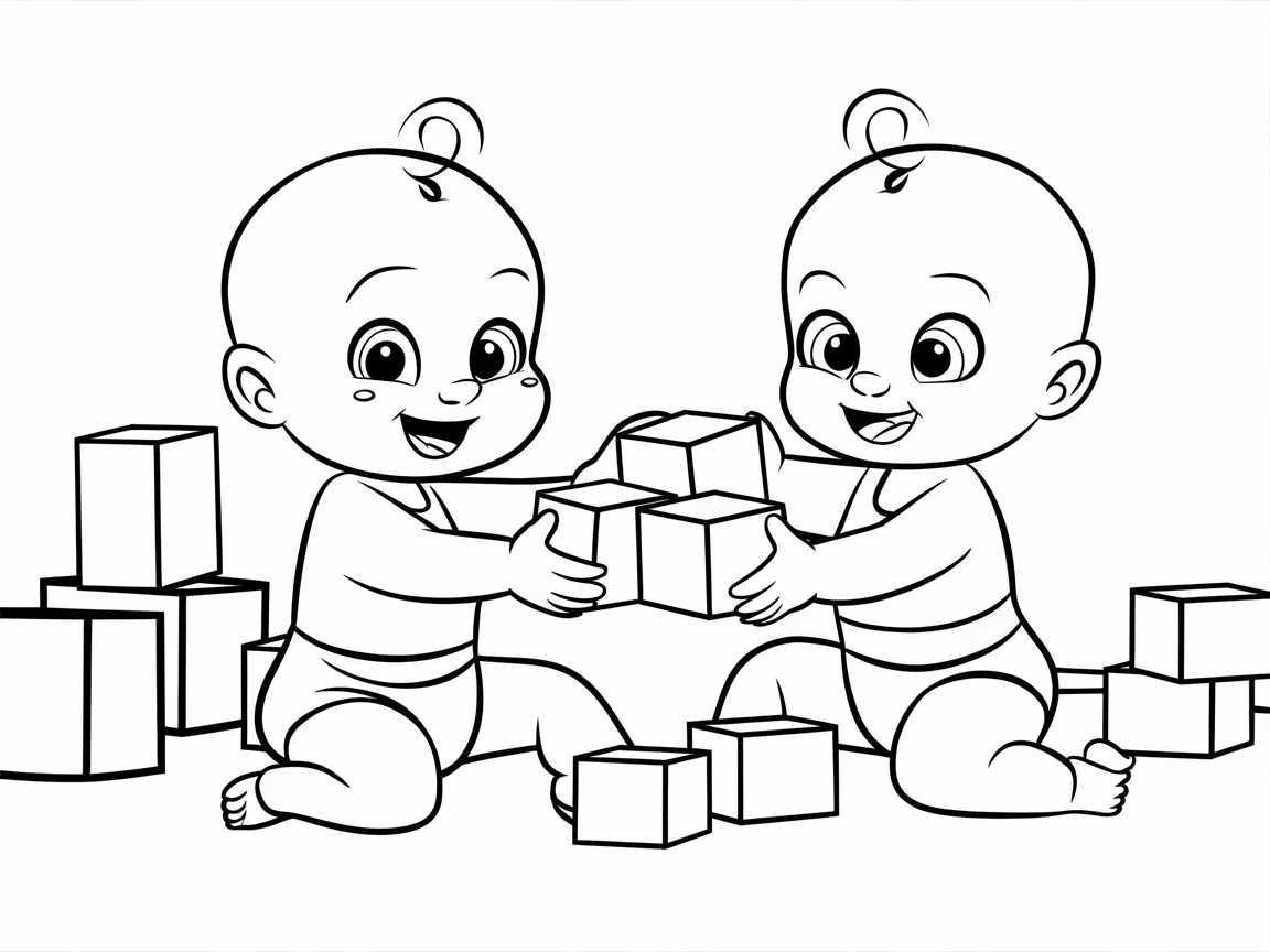 Building Blocks Fun: Twin Babies Coloring Page