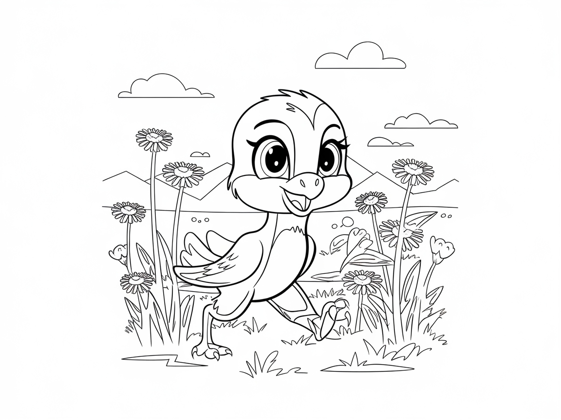 Joyful Raptor Exploring a Flower-filled Meadow