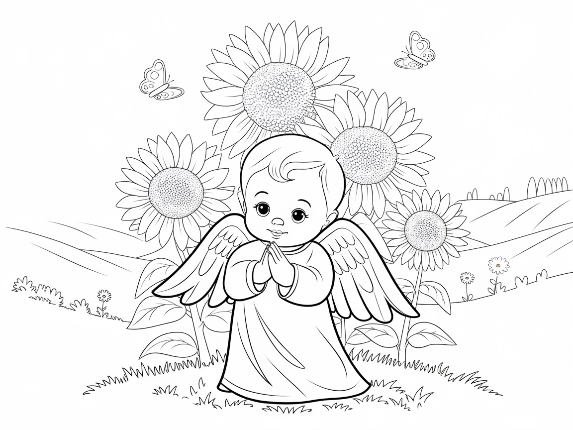 Playful Baby Angel with Sunflowers and Butterflies Coloring Page