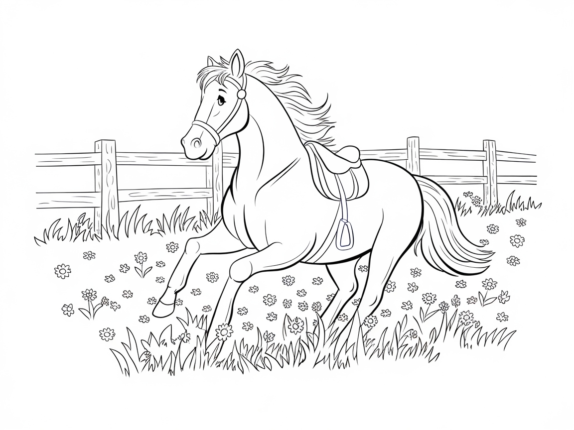 Galloping Horse in a Flower Field Coloring Page