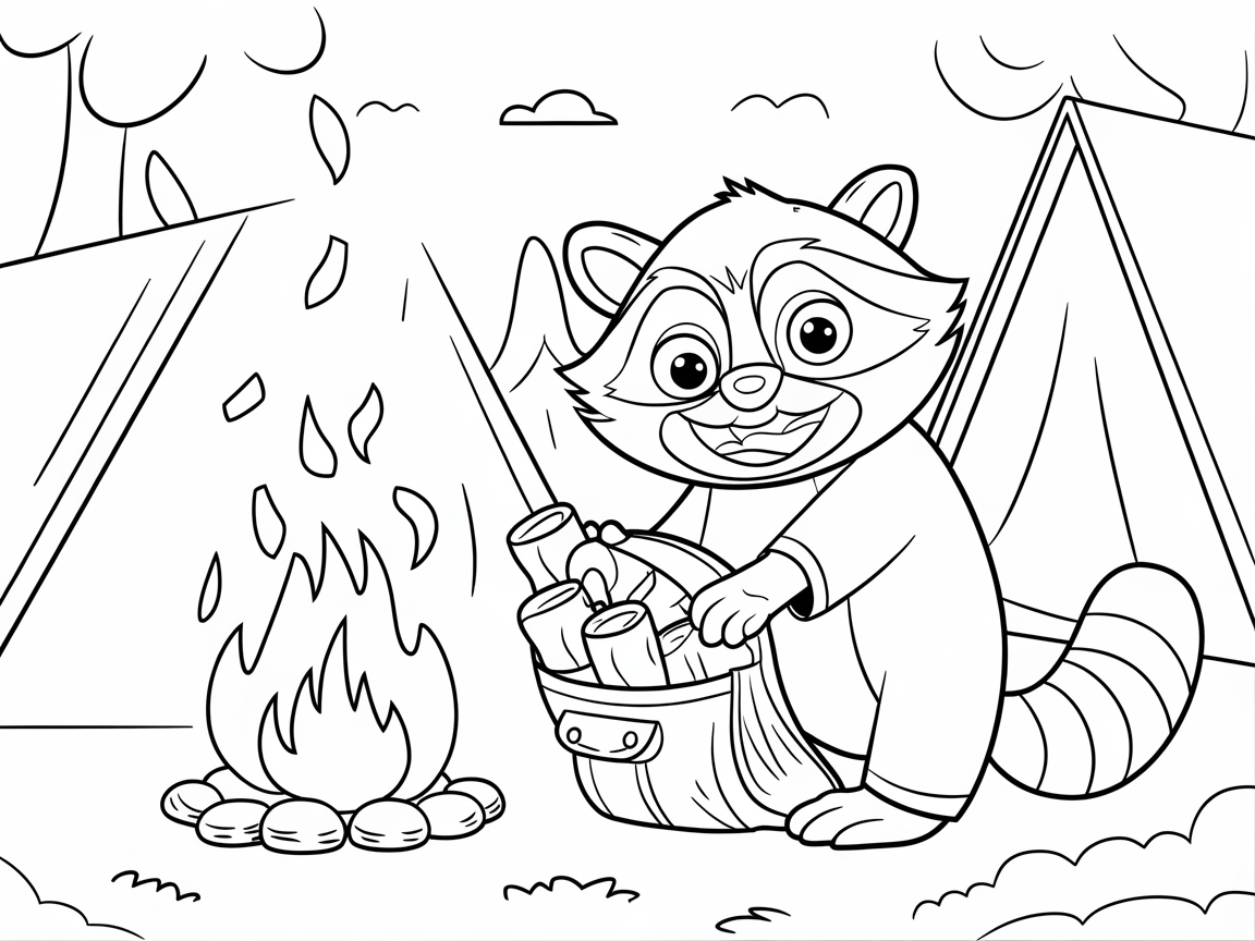 Camping Raccoon Adventure Coloring Page