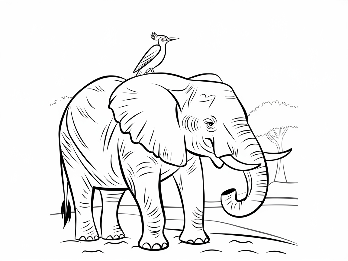 Elephant with Bird Companion in the Savanna Scene