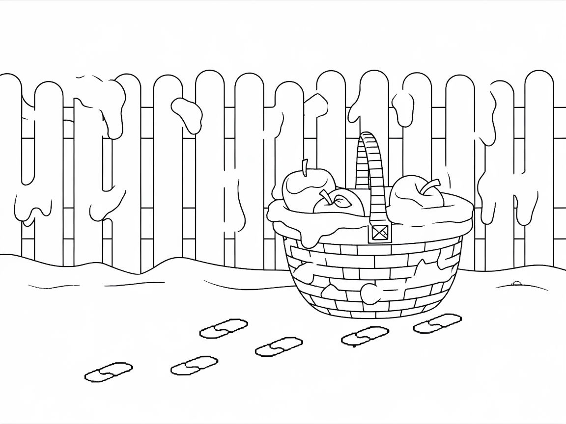 Snow-Covered Apple Basket by the Fence