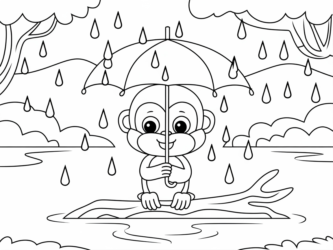 Monkey’s Rainy Day Adventure Under the Umbrella