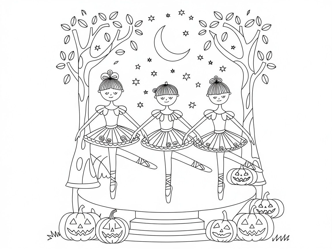 Festive Halloween Ballet Trio Coloring Page