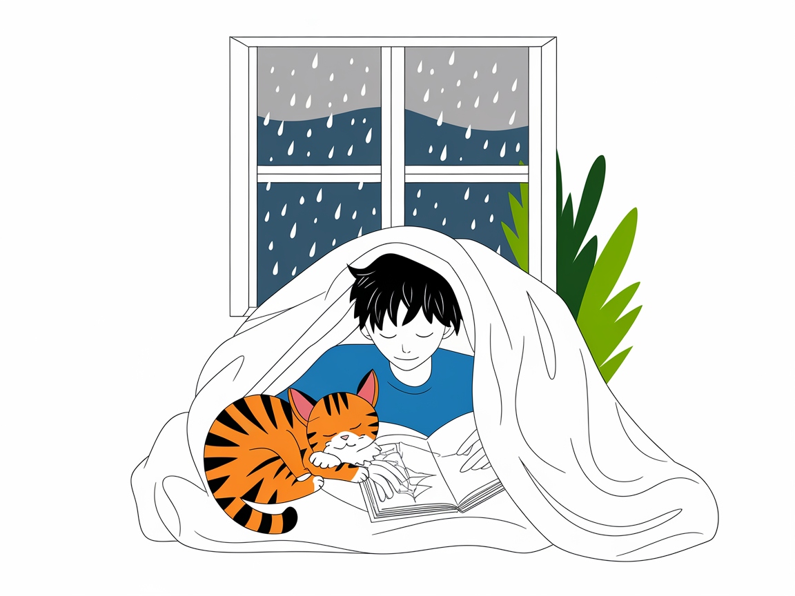 Cozy Reading with a Feline Friend on a Rainy Day