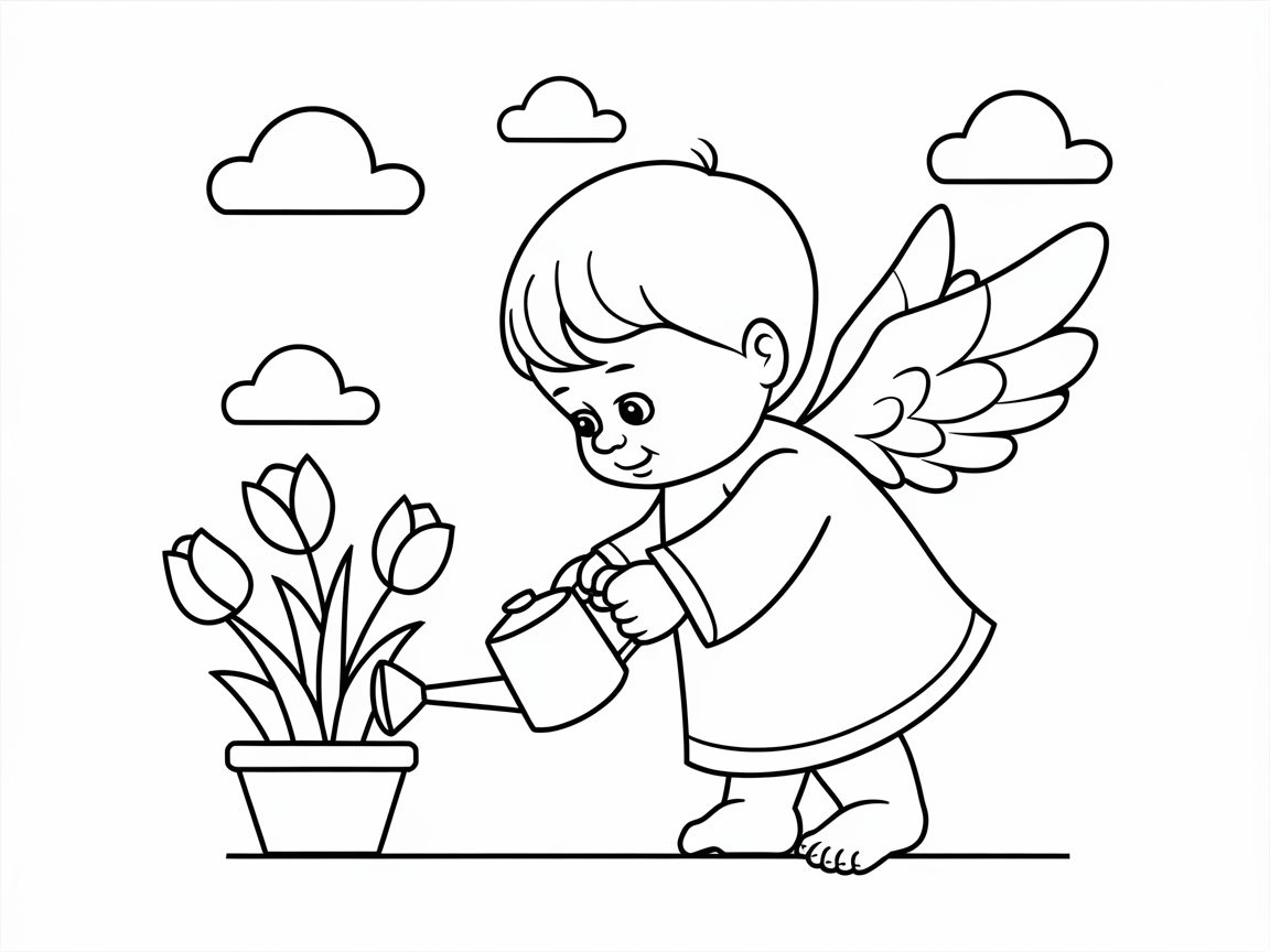 Sweet Baby Angel Tending to Tulips