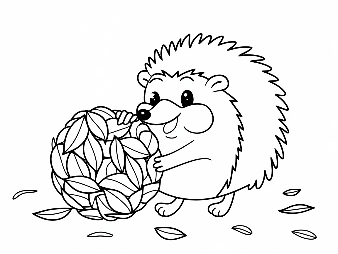 Charming Hedgehog with Leaf Ball Coloring Page