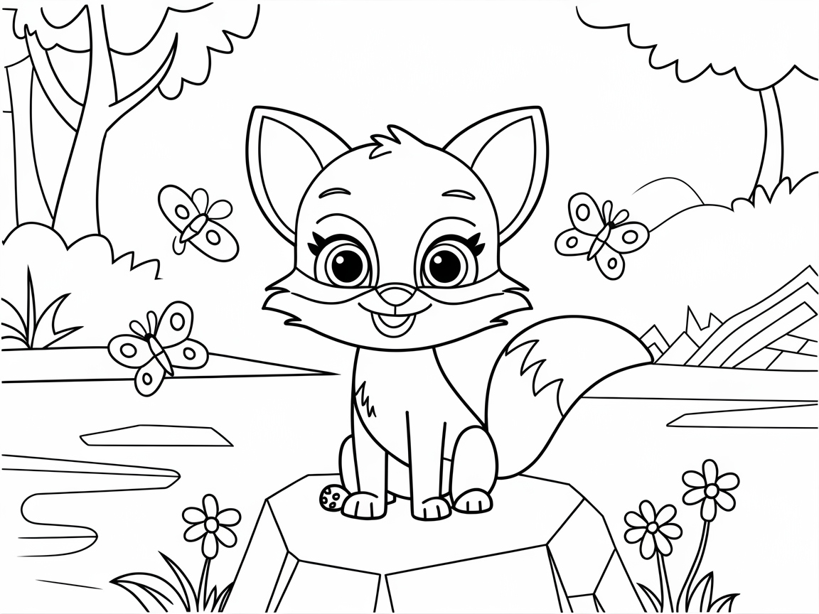 Charming Baby Fox Among Butterflies and Blossoms