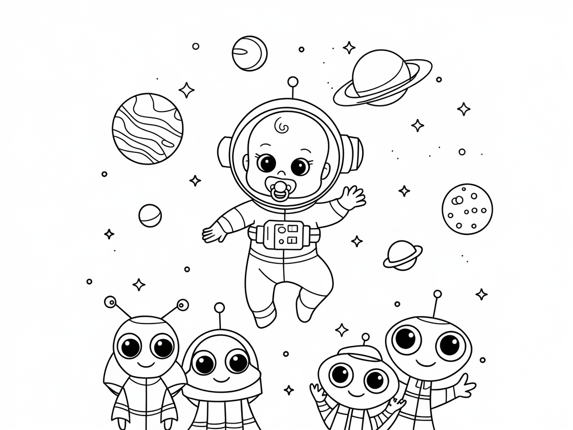Out of This World: Baby Astronaut and Alien Pals Coloring Page