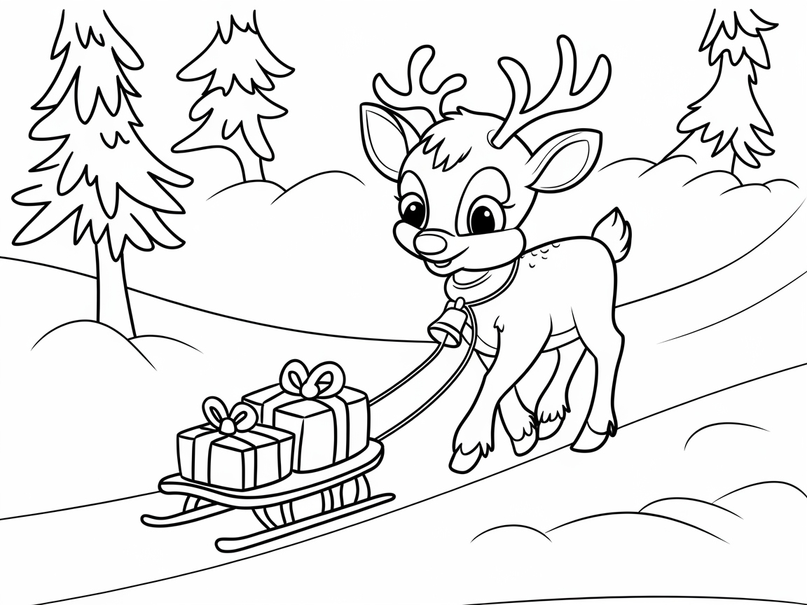 Gift-Laden Baby Reindeer on a Slippery Path