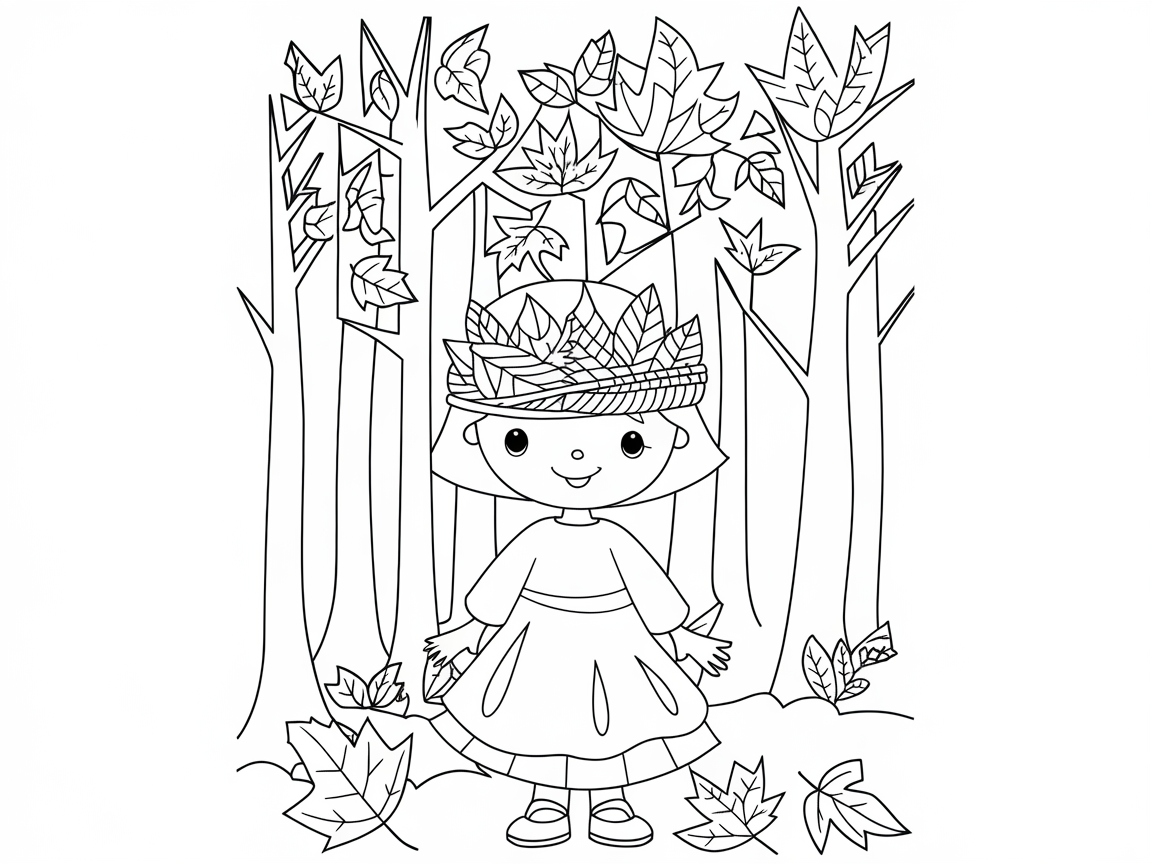 Cheerful Kid with Leaf Crown Coloring Page